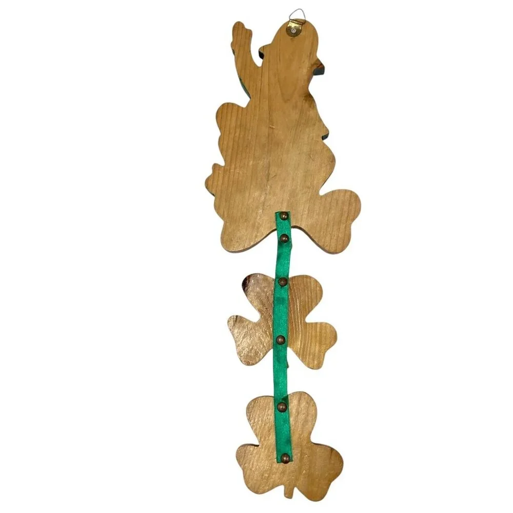Vintage Handmade Leprechaun &‎ Clover Erin Go Bragh Wooden Sculpture Folk Art